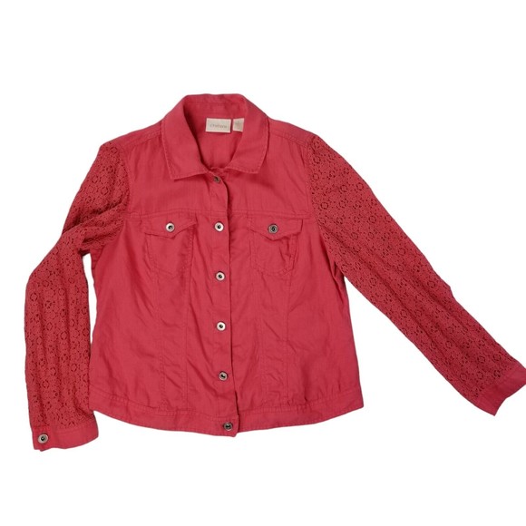 Chico's Jackets & Blazers - Chico's Linen Shacket Truckers Jacket Womens Sz M ( 1 )  Lace Sleeve Salmon